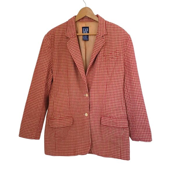 Vintage Gap Linen Blend Plaid Single Breasted Gingham Coat Blazer Jacket L - Picture 1 of 8